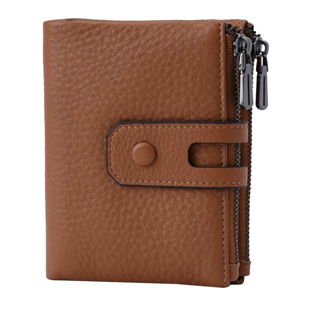 Bveyzi Small Soft Leather Wallet RFID Blocking W/ DBL Zipper Pocket Brown NWT - Picture 3 of 6